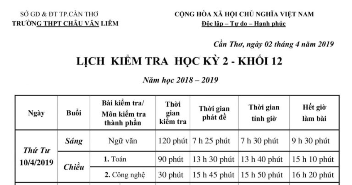 Lịch kiểm tra học kỳ 2