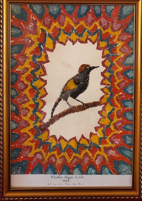 A painting of a bird on a branch

Description automatically generated